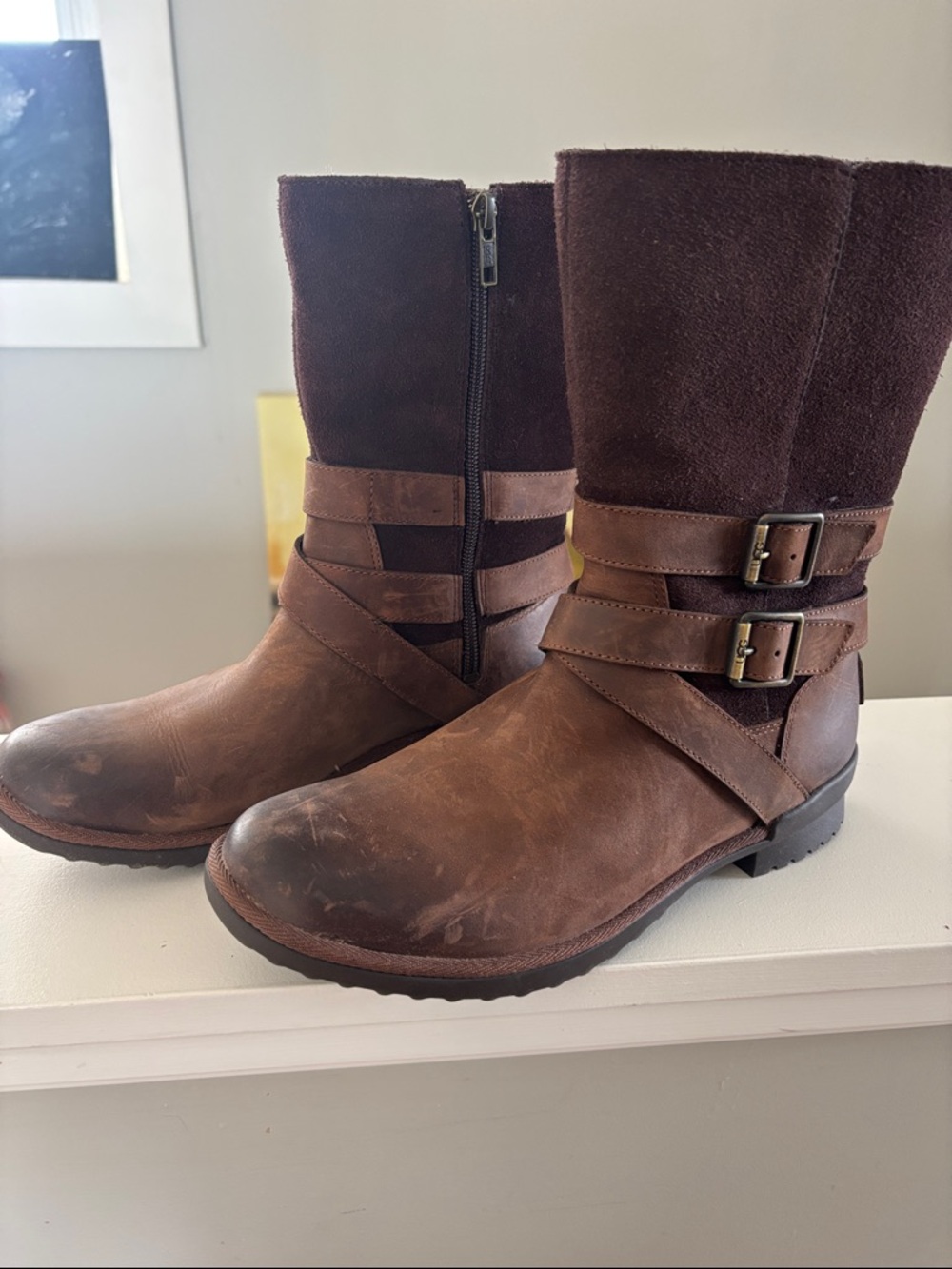 UGG Waterproof Brown Leather & Suede Buckle Boots